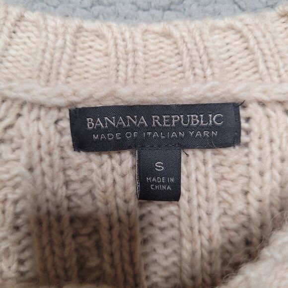 Banana Republic Sweater Small Tan Cable Knit Fringe Western Boho Wool Alpaca - Picture 7 of 10